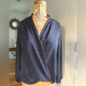 Ann Taylor Petite Wrap Front Swiss dot Navy Blouse, PS, MSRP $89